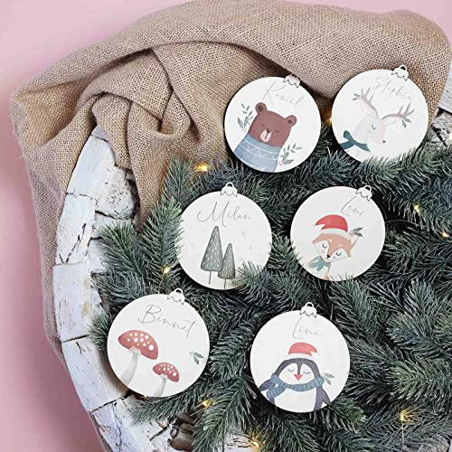 Personalisierte Weihnachtskugeln aus Holz - Christbaumkugeln mit Namen | Verschiedene Sets | Christbaumschmuck | Weihnachtsdeko - Hello mini (Waldtiere, 6er Set)