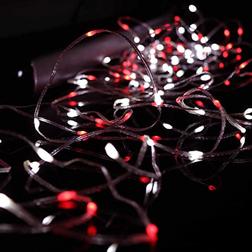 Qbis Red and White Fairy Lights – Battery Operated Christmas Lights with Micro LEDs, Multi-Function Timer, Silver Wire, Indoor Outdoor Use String Set (100 LED, Battery Powered)