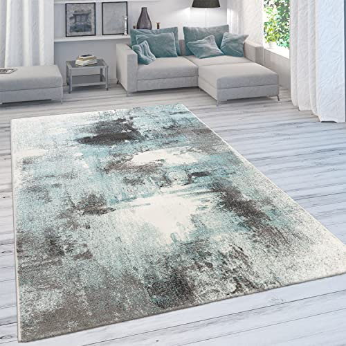Paco Home Teppich Wohnzimmer Schlafzimmer Kurzflor Vintage Optik Bunt Modern Pastell Abstrakt, Grösse:60x100 cm, Farbe:Türkis 2