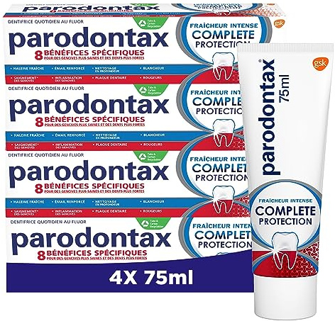 PARODONTAX - Dentifrice Complete Protection Fraîcheur Intense - Offre 8 Bénéfices Spécifiques pour des Gencives Saines & des Dents Fortes - Aide à Garder l'Haleine Fraiche - 4 x 75 ml