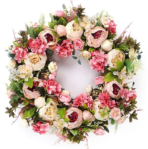 Kmise Haustür-Kranz, 66 cm, Pfingstrosenblumen, Frühlingskränze für Haustür außen – Sommerblumenkranz für Hochzeit
