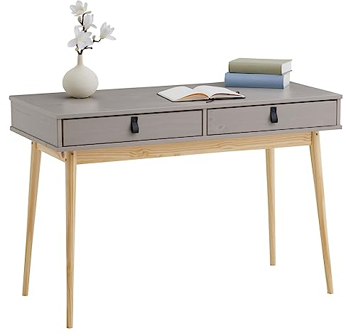 IDIMEX Schreibtisch Wanda mit 2 Schubladen aus Massivholz grau/Natur - Bürotisch mit konischen Beinen, Home Office Büromöbel mit Stauraum