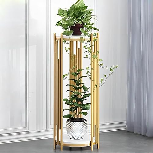 LIGUOYI Pflanzenregal 2 Etagere Blumenregal, Höhe 50cm 70cm 90cm Rund Blumenständer Oberfläche Aus Marmor, Gold Schwarz Blumentreppe Aus Eisen Indoor Metall Dekoständer, Für Flur Wohnzimmer