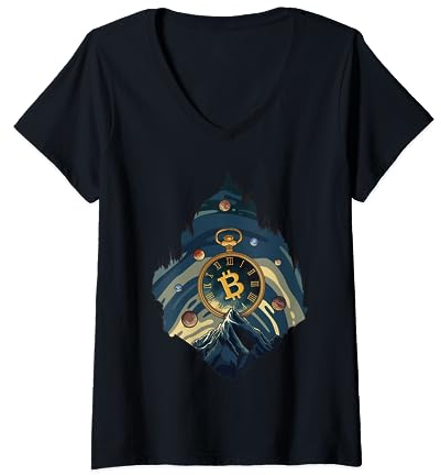 Bitcoin Uhr Berge Planeten Hodler Kryptowährung BTC Logo T-Shirt mit V-Ausschnitt