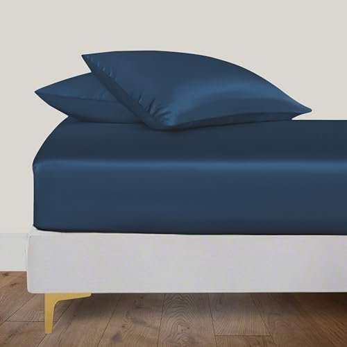 LINENWALAS Organic Vegan Bamboo Silk Fitted Sheet 140x200 cm, Deep Pocket up to 40 cm Soft, Oeko-Tex Certified Cooling Bamboo Bedding Only Fitted Sheet Perfect for Skin (Navy Blue)