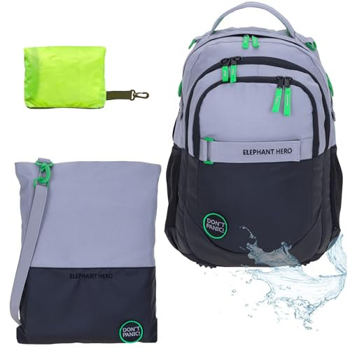 Schulrucksack Jungen Mädchen ab 3. Klasse Schule Tasche Brustgurt Schultasche Rucksack mit Sportbeutel Attach Bag und Regenhülle Premium 3 Teile Set Auswahl rtp (Color Block Grau Grün 13047)