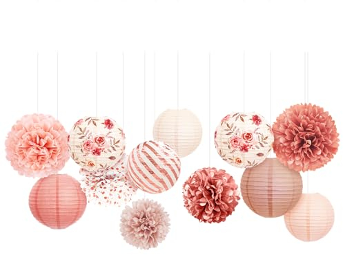 NICROLANDEE Rosa Hochzeit Deko, 12 Stück Roségold Papierlaternen und Seidenpapier Pompons Deko für Hochzeitsdeko, Babyparty Deko, Geburtstagsparty Papier Lampions Dekoration