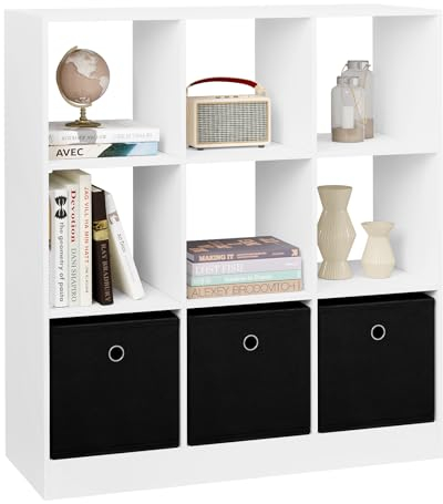 WOLTU Bookcase, White Book Shelf with 9 Cubes, Engineered Wood Storage Units with 3 Non-woven Fabric Drawers, Display Furniture for Bedroom, Living Room, Office, 80x30x86.5cm, SK041ws