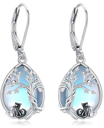 POPLYKE Mondstein Mutter Tochter Katze Ohrringe für Damen Sterling Silber Schwarze Katze Ohrringe Dangle Baum des Lebens Mondstein Schmuck Muttertag