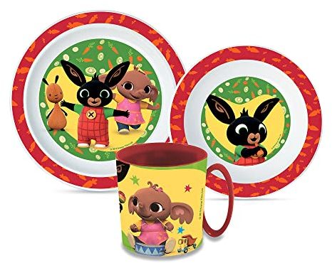 Sorrisini Kindergeschirr Set Bing, Wiederverwendbares Geschirrset für Kinder, Babygeschirr Set Teller, Müslischale, Tasse 390 ml, Kindergeschirr Plastik, Frühstücksset für Kinder