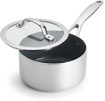 GreenPan Valencia Pro Tri-Ply Stainless Steel 1.5QT Saucepan with Lid, Healthy Ceramic Nonstick PFAS-Free PFOA-Free Coating, Multi Clad Cookware, Induction, Dishwasher Oven and Broiler Safe