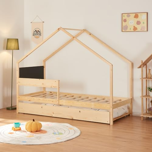[en.casa] Doppel-Kinderbett Sodankylä Kleinkindbett mit Ausziehbett in Haus-Optik Bettgestell aus Kiefernholz Hausbett mit Zustellbett 90x200cm Natur/Schwarz