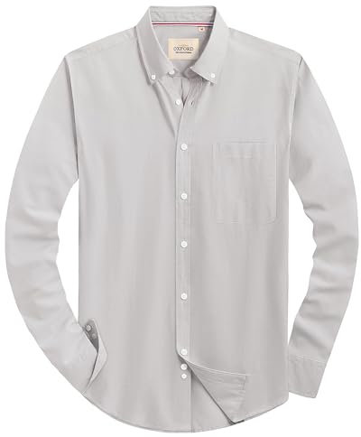 J.VER Men's Long Sleeve Oxford Shirt Casual Plain Smart Non Iron Button Down Shirt with Pocket Khaki Grey XL