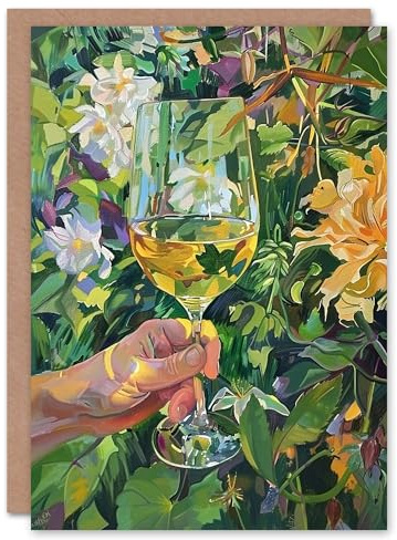 Artery8 Floral White Wine Lover Elegant Oil Painting Blank For Him Or Her Art Birthday Card
