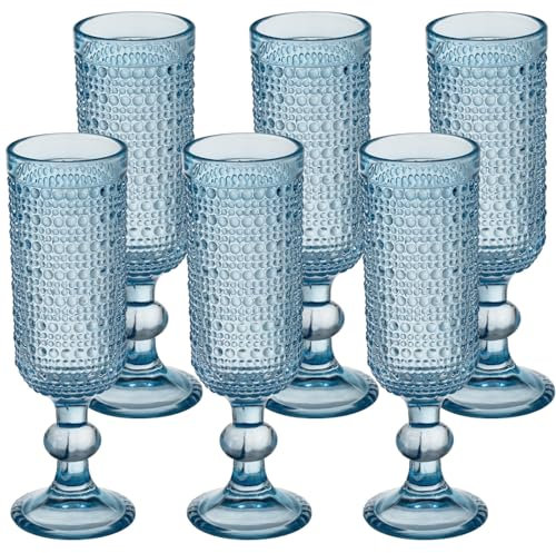 XKXKKE 6 Pcs 5 Ounces Glass Champagne Flutes, Vintage Hobnail Beaded Embossed Colored Glass Sparkling Wine Glasses for Champagne, Cava, Prosecco, Party, Wedding, Bar Fancy Glasses Set of 6 Blue