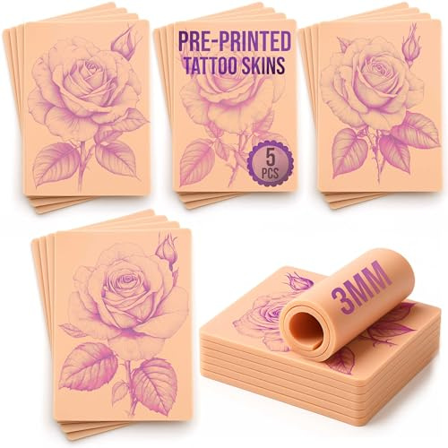 Stencil Skins Pre Printed Tattoo Practice Skin Set 5 Detailed Flower Designs, 3mm Silicone Tattoo Fake Skin, Perfect for Shading, Colour & Line Practice for Artists Realistic Rose