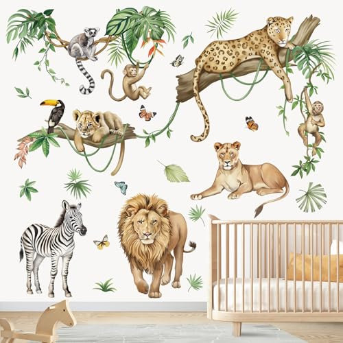 wondever Wandtattoo Dschungel Tiere Baum Zweig Wandaufkleber Safari Leopard Löwe Zebra Reben Wandsticker Wanddeko für Kinderzimmer Jungen Babyzimmer