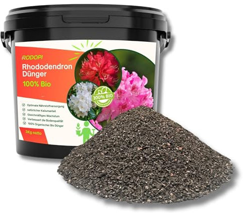 Rodopi Bio-Rhododendrondünger Granulat 7-3-8 – 3 Monate Langzeitwirkung – 100% pflanzlich & pH-senkend – Organischer NPK-Dünger mit Eisen, Magnesium & Mykorrhiza 3kg