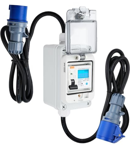 DewinLVD Mobiler Digitaler Stromzähler, Stromzähler für Steckdose Outdoor 16A Typ A Schutzschalter CEE-Stecker IP65 Wasserdich Messgerät 230V 60A für Industrieanlage Garten