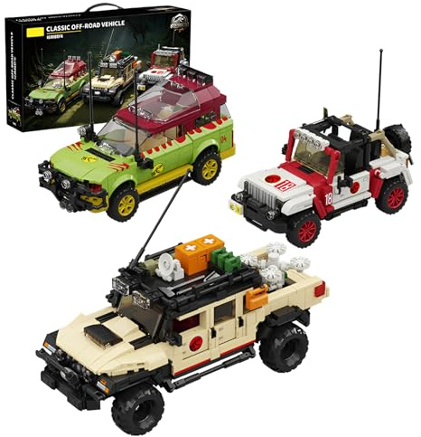 SymGrpu Dinosaurier-Welt-Geländewagen-Bausteine, 3 Modelle Dino-Film-Sammlerauto-Klemmbausteine Modell, Kreative Tischdekoration und Geschenk für Erwachsene und Kinder ab 8 Jahren (1632 Teile)