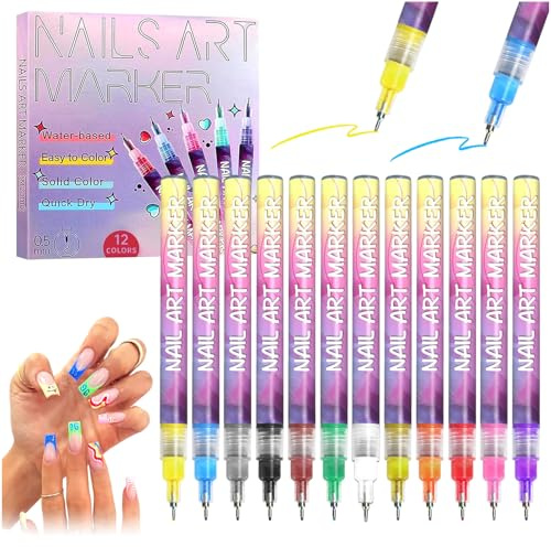 Audasi 12 Colour Nail Art Pens, Nagelkunst Marker 0.5mm 3D Nagellack Stift Graffiti Nagel Zeichenstift Feinspitze Maniküre Werkzeuge Malen DIY Kunst Schönheit Schmuck für Frauen Mädchen