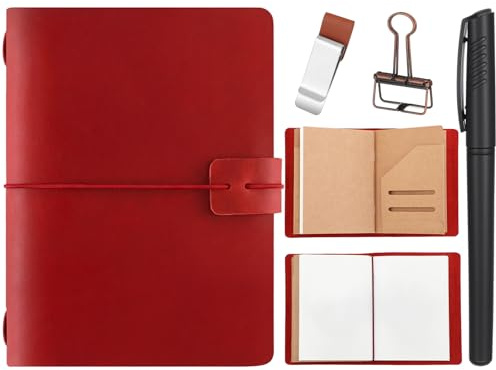 Thenshop Journal de voyage rechargeable en cuir fait à la main pour homme et femme avec 3 inserts de bloc-notes, porte-stylo, clip de classeur (rouge vin, format passeport)