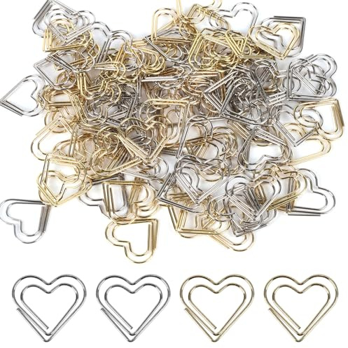 100 Stück Büroklammern Herz Gold Silber, Metal Büroklammern Motiv, Klein Paper Clips Papierklammern für Aktenklammer Klassenzimmer Büro Papier