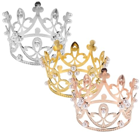 DECOMELODY Lot de 3 Mini-Couronnes D’Anniversaire pour Garçon et Filles Décorations de Gâteaux de Couronne Tailles 65 X 65 X 38 CM Couleurs Argenté Doré et Rose Doré pour Gâteau