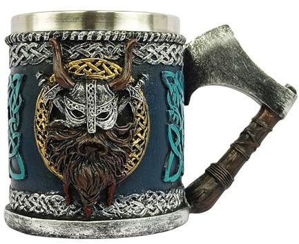 Genérico Jarra Nórdica Vikinga con Calavera | Taza de Acero Inoxidable 450 ml para Cerveza y Café | Artículo de Bar con Mango de Hacha y | Regalo para Hombres, Padre o Cumpleaños