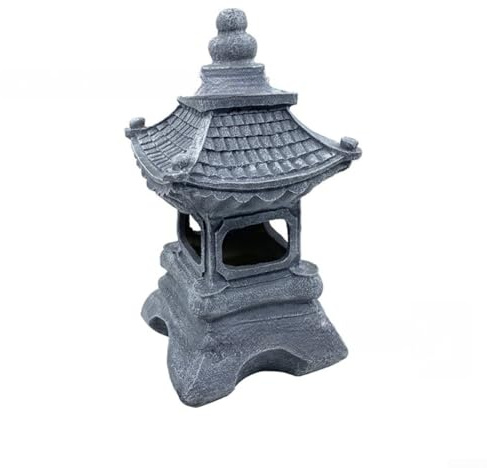 Statue de jardin en forme de pagode zen japonaise à énergie solaire avec finition en pierre de résine et détails en mousse, lanterne d'extérieur résistante aux intempéries pour décoration de paysage