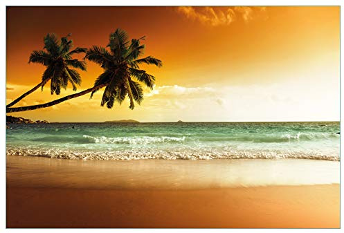 Wallario Küchenrückwand selbstklebend 90 x 60 cm, Motiv: Palmen am Sandstrand bei untergehender Sonne | Spritzschutz abwischbar & pflegeleicht