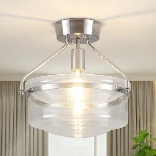 LJHhowe Silber Deckenlampe für Wohnzimmer, Glas Lampenschirm, Moderne, E27 | für Schlafzimmer Esszimmer Flur Küche, Ø 34cm, MAX 40W, Bauernhaus, Klarer Farbton
