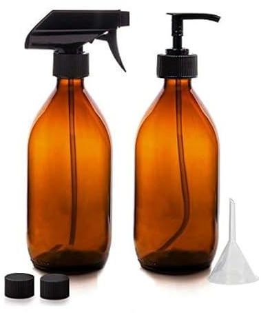 Nutra4Radiance Amber Glass Spray and Soap/Lotion Dispenser Bottle Set – Set of 2 Amber Glass Bottles with Pump and Spray – 500ml BPA-Free and Reusable Empty Bottles.