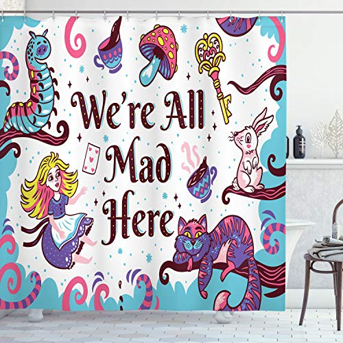 ABAKUHAUS Fantasie Duschvorhang, Alice im Wunderland, Stoffliches Gewebe Badezimmerdekorationsset mit Haken, 175 x 240 cm, Blau Lila