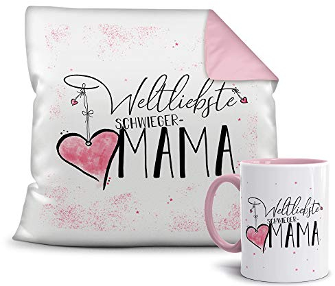 Geschenkset für die Weltliebste Schwiegermama - Tasse und Kissen - Altrosa/Verwandte/Geschenk-Idee/Liebling/Familie