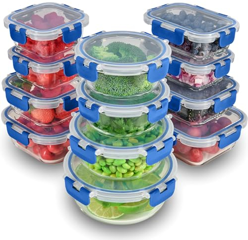 24-teiliges Lebensmittel-Vorratsdosen-Set aus hochwertigem Glas – luftdichte, BPA-freie Verschlussdeckel – 100 % auslaufsicheres Borosilikatglas mit Deckel – gefrier- bis ofenfeste Lunchboxen zum