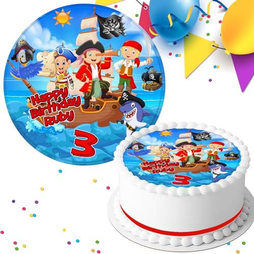 Pirate Ship Happy Birthday Personalised 7.5 INCH Edible Icing Cake Topper Decoration BB-094