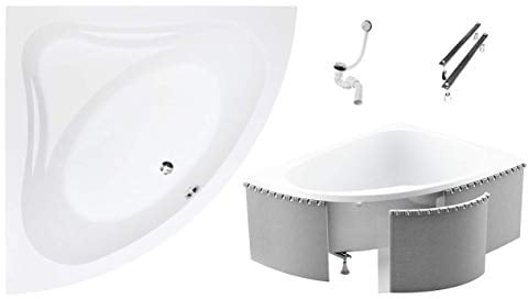 BADLAND Badewanne Original Weiß Acryl Wanne Eckbadewanne MIA 140x140 KOMPLETTSET SET mit Premium Styroporverkleidung + Füßen und Exklusive Chrom Automatik Ablaufgarnitur Made in EU 4in1