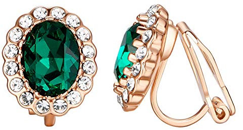Vogem Green Non Pierced Clip On Earings for Women 18ct Rose Gold Plated Emerald Green Earrings Clip On Green Diamante Earrings for Ladies Cubic Zirconia Non Pierced Clip Earrings