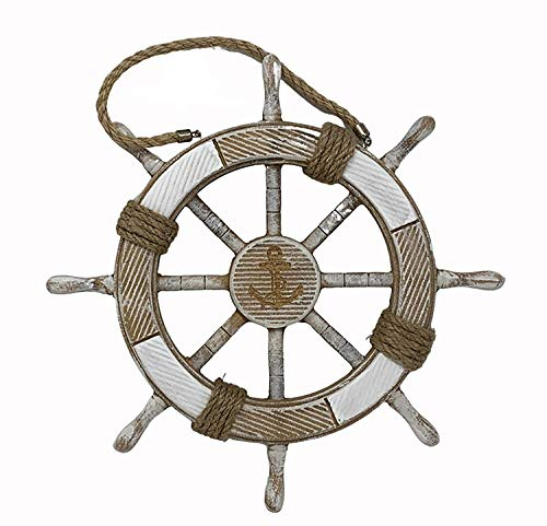 maritime Holz Serie Shabby ┼ Leuchtturm ┼ Anker ┼ Steuerrad ┼ Schatz-Truhe ┼ Bilder-Rahmen ┼ Deko - Nautic ┼ exklusive Artikel (Holz-Steuerrad mit Tau 36cm)
