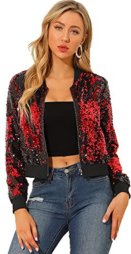 Allegra K Damen Bomberjacke Langarm Glitzer Pailletten Party Jacke Rot XL