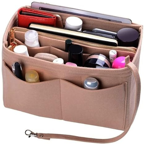 SUQ Bolso Organizador de Fieltro para Mujer, Multi-Bolsillo Organizador, Bolsa Interior de Cremallera Desmontable y Llavero, Bag in Bag, Bolso Insertar, Bolso Cosmético Organizador (Beige, M)