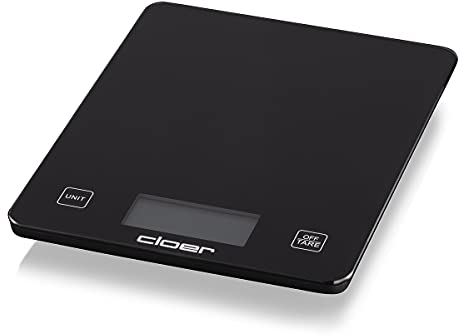 Cloer 6870 Digitale Küchenwaage für bis zu 10 kg, Zuwiegefunktion, Gewichtsmessung in 1g Schritten, Mengenangabe in Gramm, Milliliter oder Unze möglich, Glasoberfläche, LCD-Display, schwarz, Glas