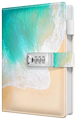 Huamxe Diary with Lock, Personal Locking Journal for Women girls, Leather Hardcover Notebook with Pen Holder A5 5.9 x 8.7, 200 Pages Thick Paper, Cute Journals for Writing Journaling Adults, Beach