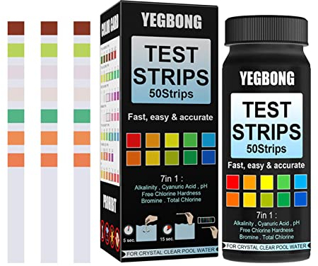DEWU 50 Pool and Spa Test Strips - Hot Tub Test Strips, Quick and Accurate Pool Test Strips, 7-in-1 Pool Test Kit, 50 Bromine, pH, Hardness and Chlorine Water Test Strips with Ebook