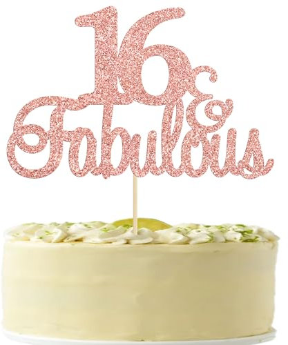 Gyufise 3Pcs 16 & Fabulous Cake Topper Rose Gold Glitter Fifteen and Fabulous Cake Toppers Happy 16th Birthday Cake Pick for 16th Wedding Anniversary Birthday Party Cake Decorations Supplies