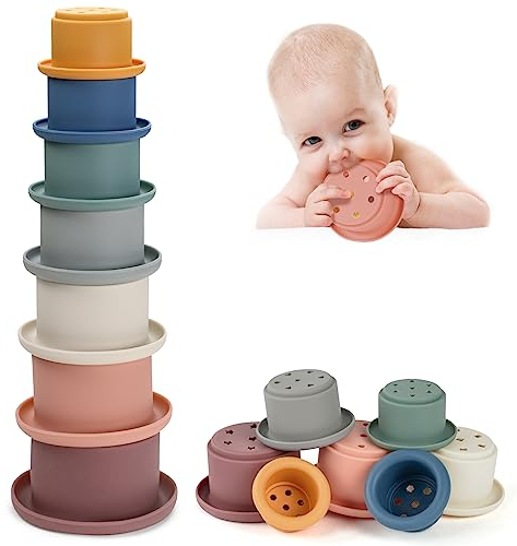 Vicloon Stapelbecher Spielzeug, Silikon Stapelbecher Baby Stapelturm mit 7 Bechern, Kinder Stapelturm Badespielzeug Sandspielzeug Becher, Silikon Spielzeug Baby BPA-frei, für Baby Spielzeug 6 Monate