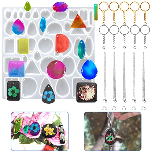 AFUNTA Schmuck-Silikonform, Schlüsselanhänger, Harzformen, Schmuck, Epoxidharz, Anhänger, Silikonform für Halskette, Schlüsselanhänger mit 5 Stück hängenden Ketten und 10 Stück Schlüsselanhänger