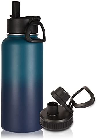 Volhoply 1 litre Insulated Water Bottle with Straw Lid & Spout Lid,Stainless Steel Sports Water Bottle,Double Wall Vacuum Tumbler,Leakproof Metal Flask with Wide Mouth for Hiking,Camping(Dark Night,1)