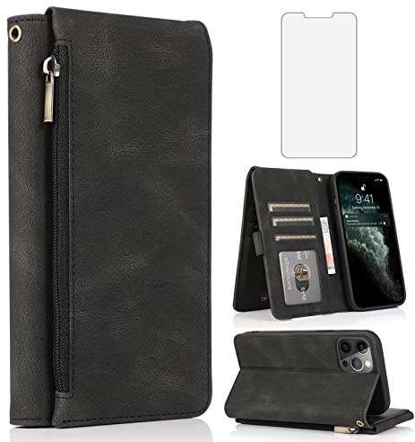 Asuwish Compatible with iPhone 13 Pro 6.1 inch Wallet Case Tempered Glass Screen Protector Zipper Leather Flip Cover Card Holder Phone for iPhone13Pro 5G i i-Phone i13 iPhone13 13Pro Women Men Black